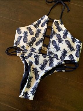 Navy Pineapple Print High-Neck Bikini Set - Women